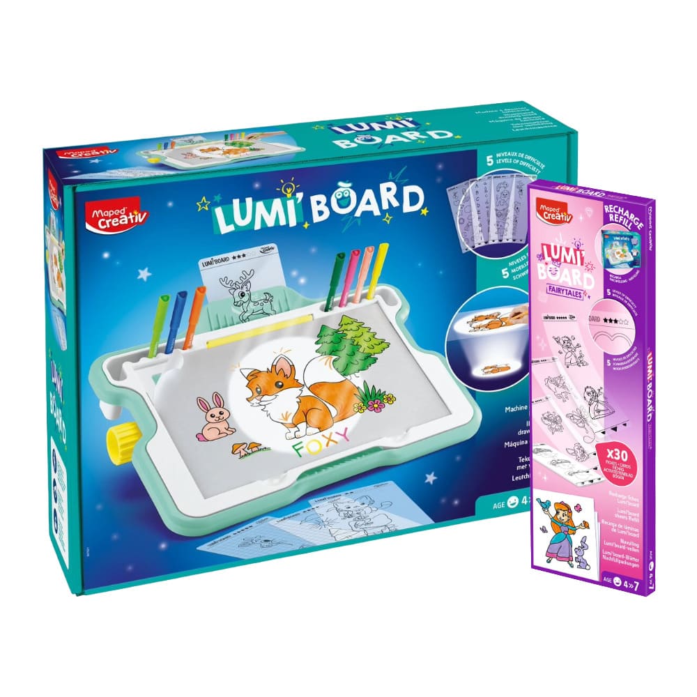 kit machine à dessiner lumineuse lumi board + une recharge de fiches d'activité Contes de fées